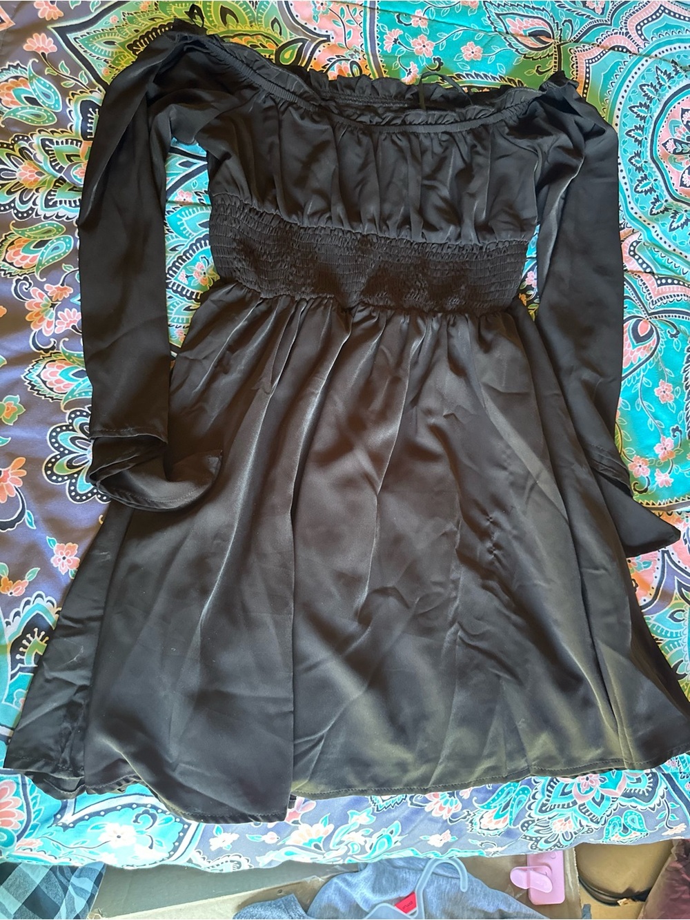 SHEIN Black Strapless Smocked Waist Dress